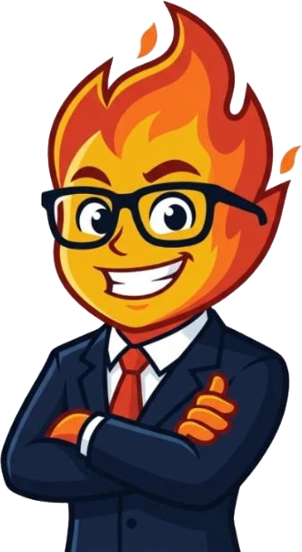 Mascota de Arrasa Digital: un hombrecito de fuego con lentes y terno