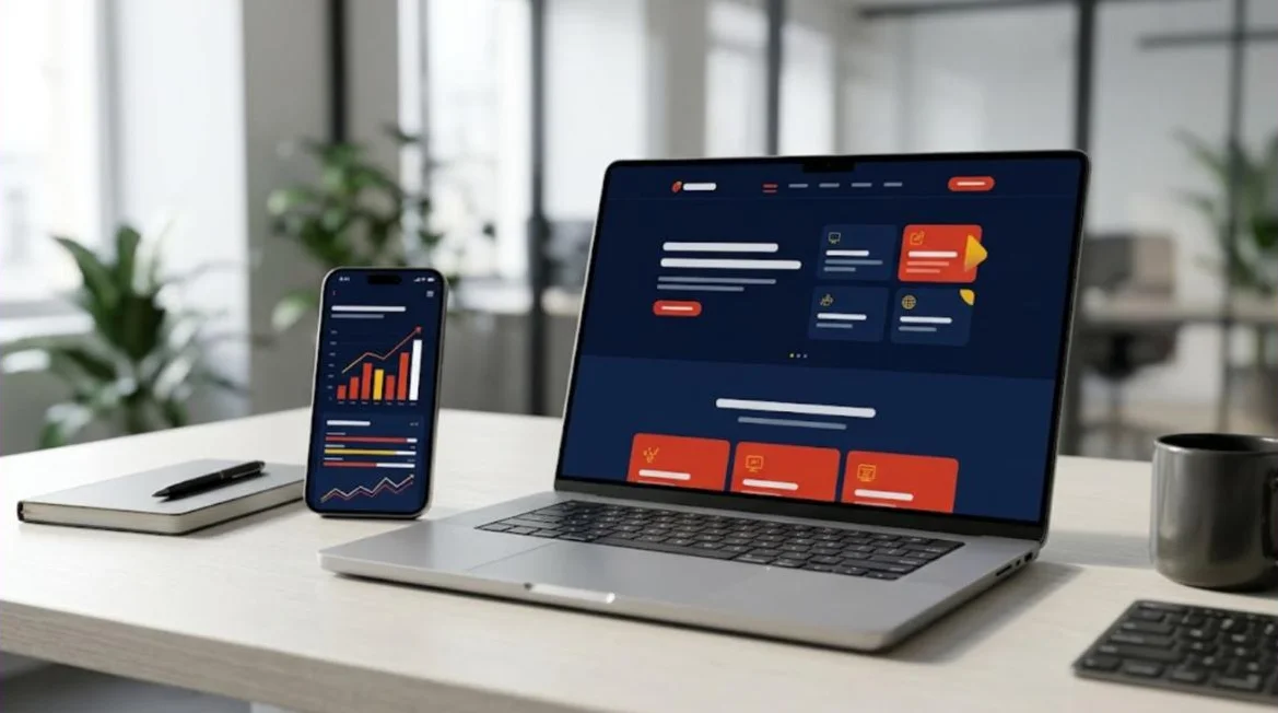 Laptop y celular mostrando una página web moderna y un panel de ventas en crecimiento