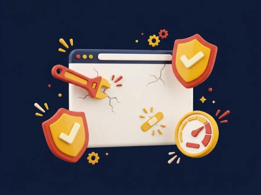 Ilustración de una web rota siendo reparada, con escudo de seguridad y velocímetro