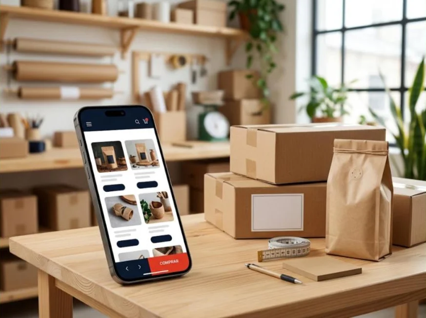 Celular mostrando una tienda en línea junto a cajas de envío